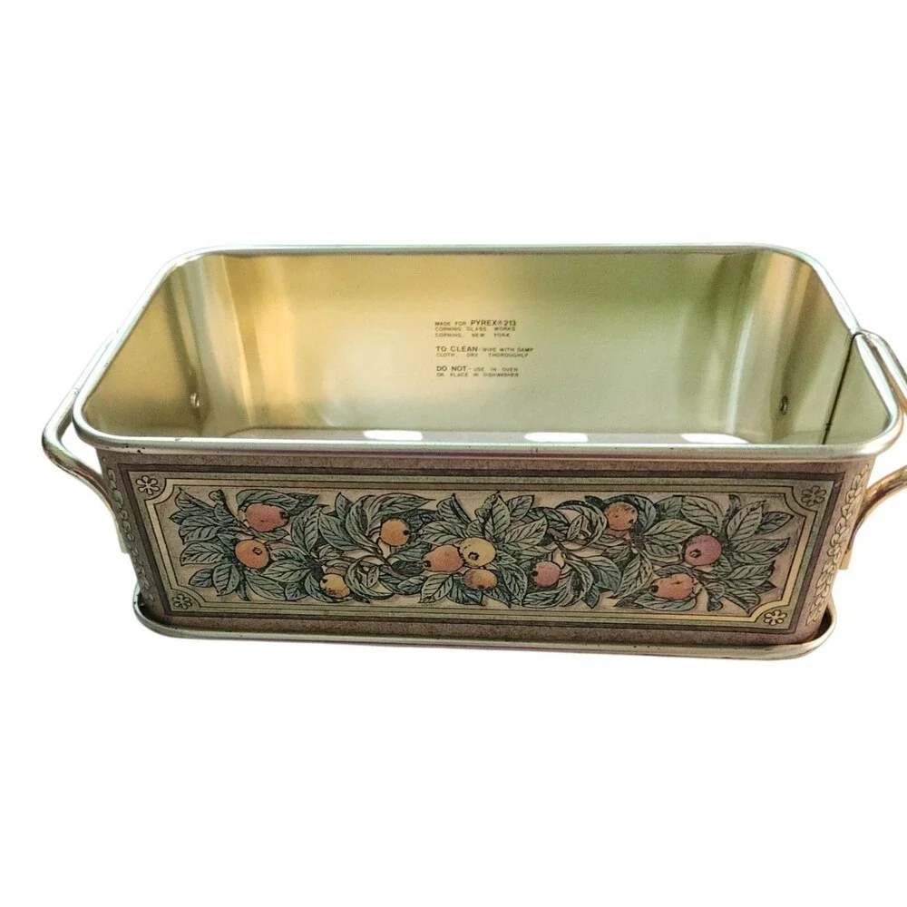 Vintage 80's Pyrex Amber Glass Loaf Pan  w/ Decorative Metal Carrier #213